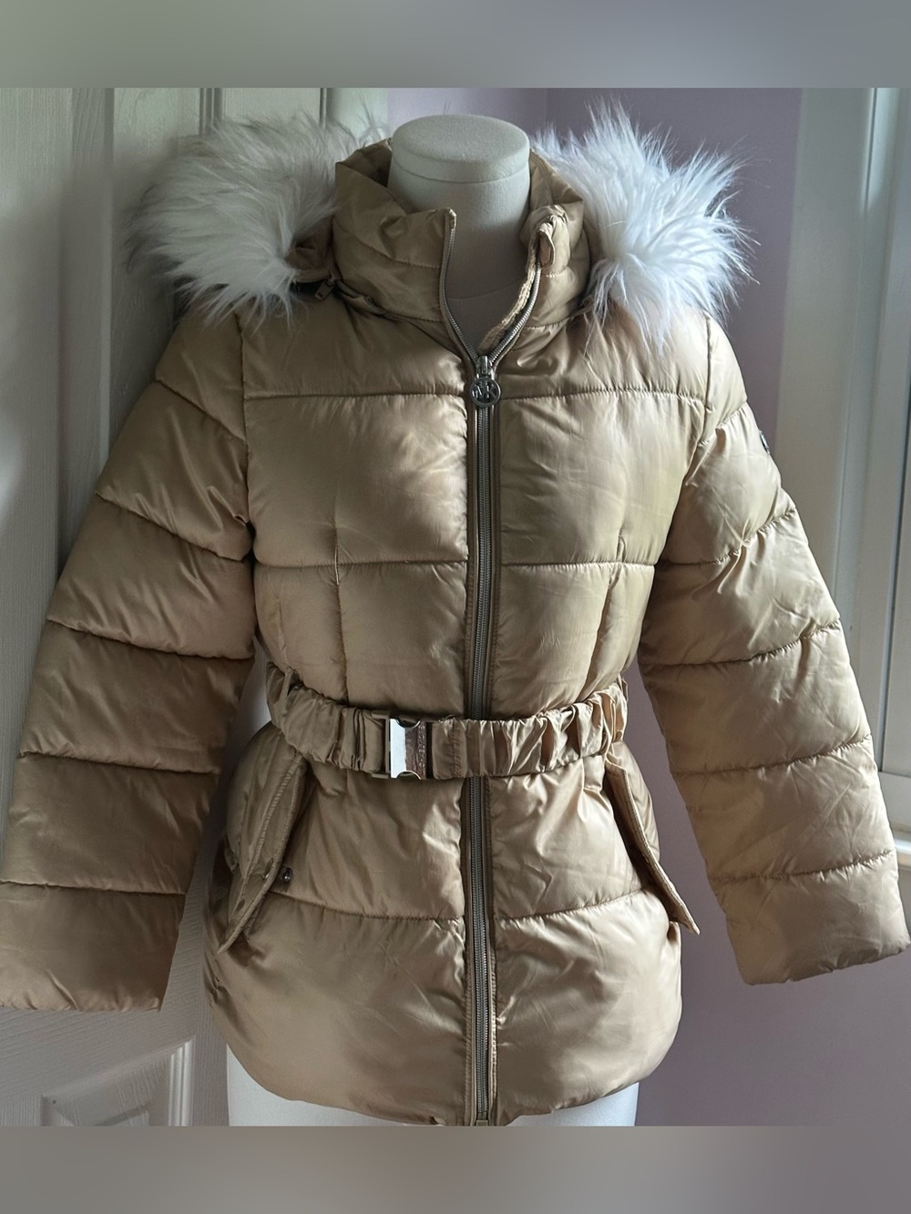 Michael Kors Tan/Gold Puffer Jacket Faux Fur Removable Hood Zip Logo Sz 7/8